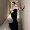 French Velvet Black Evening Dress One-word Shoulder Annual Meeting Temperament Thin Celebrity Host Fishtail Long Dress