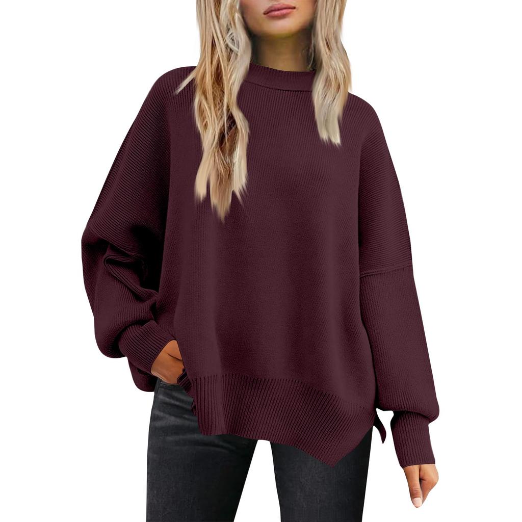 Women's Fashion Round Neck Long Sleeve Sweater Knitted Side Slit Pullover