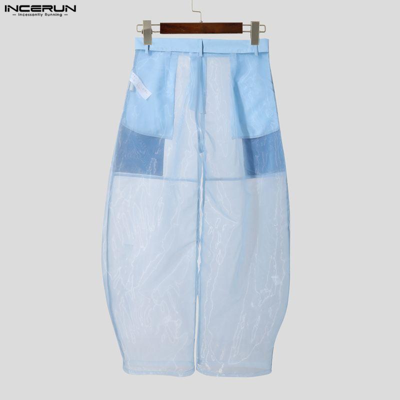 INCERUN Men High Waist Zip-up See Through Perspective Party Long Pants Trousers
