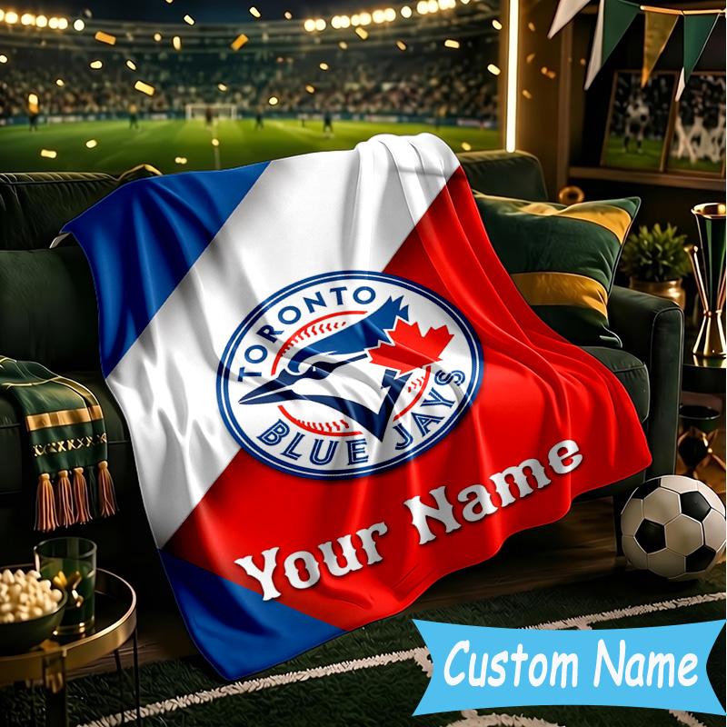 Custom Name Blue Jays Baseball Season Flannel Blanket, Use for Birthday/Holiday Gift, Soft Blanket for Sofa/Bed/Camping/Office, Home Decor