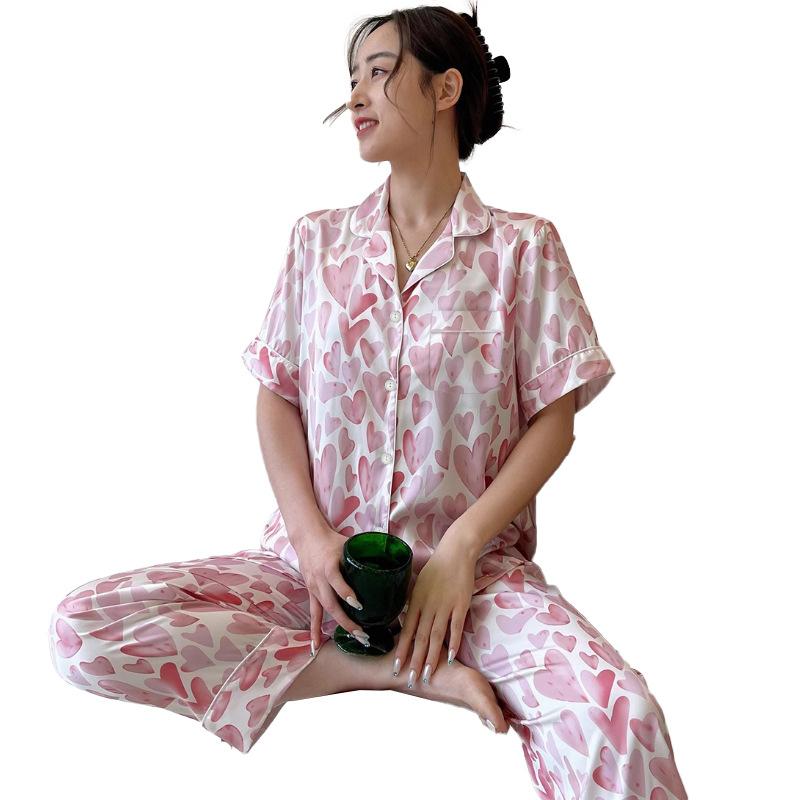 Spring And Summer Pajamas Are Cold And Silky, Short-Sleeved Trousers Can Be Worn Outside, Love Petal Loungewear