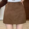 Plus Size Coffee Suede A-line High Waist Pencil Skirt for Women - Spring/Autumn