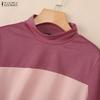 ZANZEA Women Casual Stand Collar Patchwork Loose Long Sleeve Tee Tops