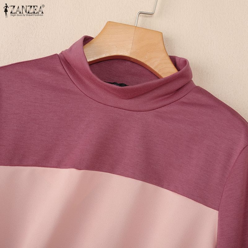ZANZEA Women Casual Stand Collar Patchwork Loose Long Sleeve Tee Tops
