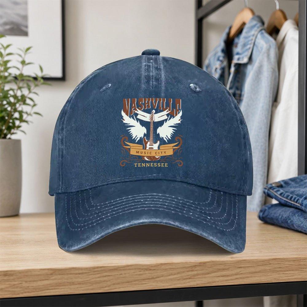 Nashville Music City Retro Guitar Distressed Baseball Cap Unisex Adjustable Duckbill Hat for Outdoor Daily Wear