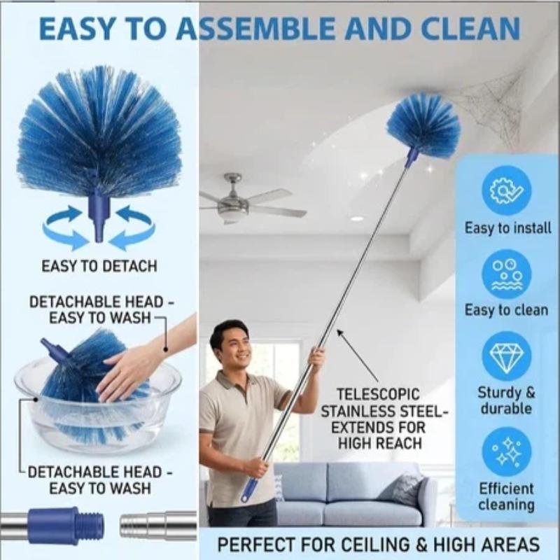 1Pc Extendable Spider Web Duster With Medium Stiff Bristles Retractable Stainless Steel Pole For Indoor Outdoor Cleaning