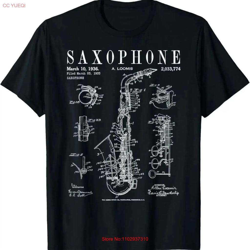 Unisexs Vintage Saxophone Patent Drawing Print Cotton T Shirt Black Relaxed Fit Vintage Homme Unisex Casual Soft