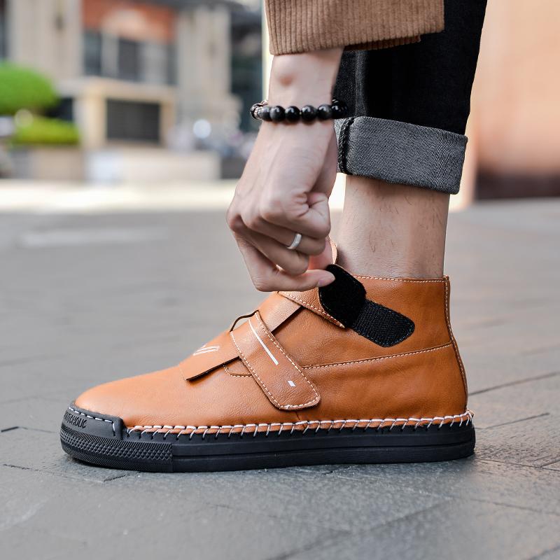 Fashion Italian Genuine Leather Boots British Style Round Head High Top Shoes Casual Platform New In Mens Luxury Slip on Shoes Handmade