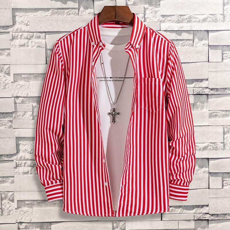 Spring and Autumn Vertical Striped Printed Shirt Men's Middle-aged and Young Comfortable Pocket Long-sleeved Shirt Men