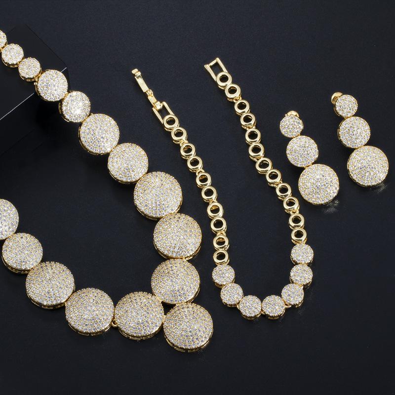 T0142 Bridal Dinner Wedding Full Diamond Accessories, High-End Zircon Round Necklace Earrings Bracelet Three-Piece Set