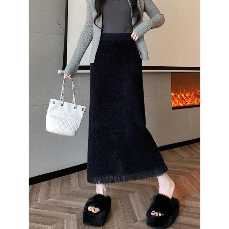 Φούστα Μίντι Α-γραμμής με Φούντες από Μινκ, Φθινοπωρινή-Χειμερινή Μάλλινη Φούστα Υψηλόμεση
