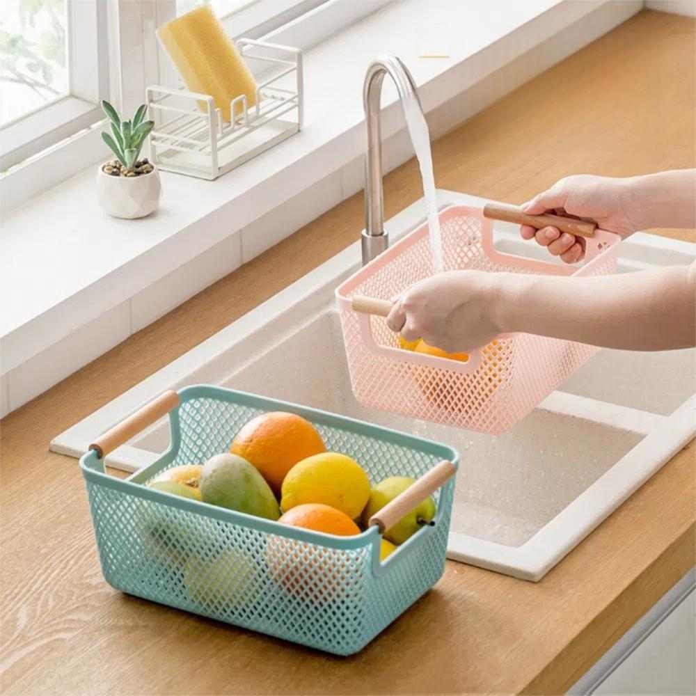 Wood Handle Sundry Storage Basket Rectangle Woven Mesh Basket Household Organizer