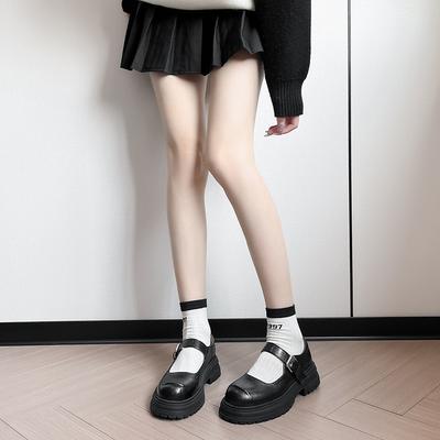 Retro British Style Round Head Shallow Mouth Mary Jane Single Shoes Women's Thick Sole One-word Belt with Skirt Thick Sole Black Small Leather Shoes