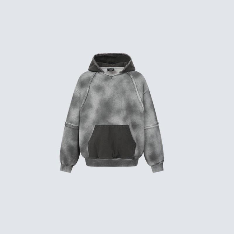 Distressed Deconstructed Hoodie With Raw Edge Trim Contrast Pocket Oversized Fit Cotton Sweatshirt Men