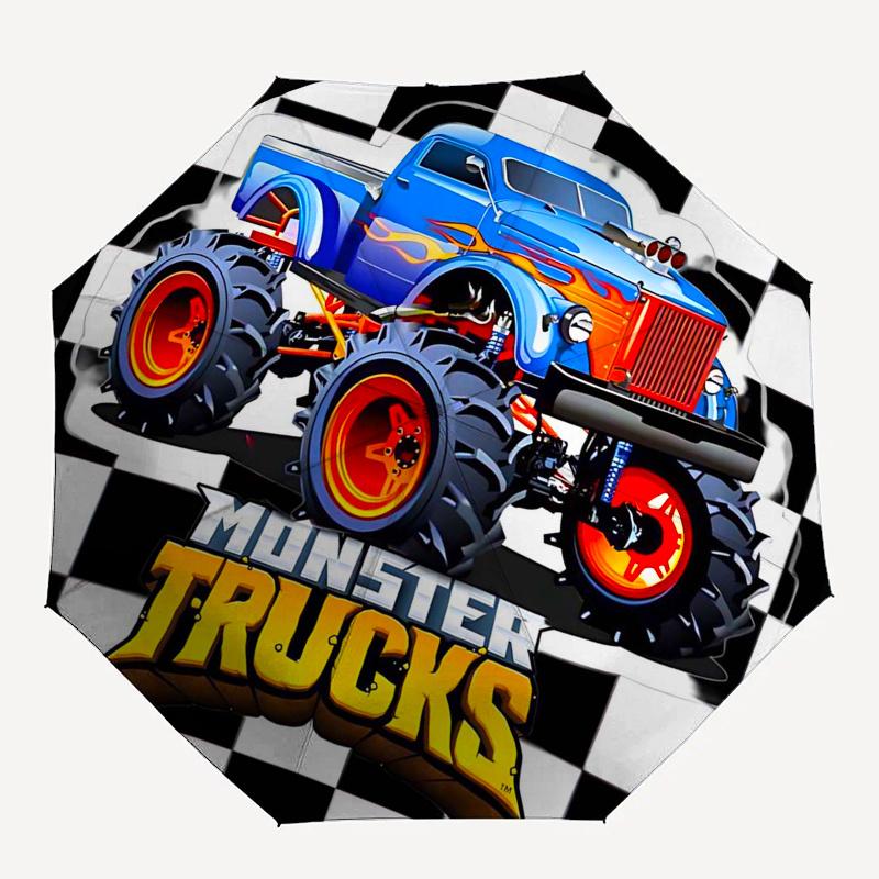 Monster Truck Themen-Reiseregenschirm mit 8 Speichen, Automatisches Öffnen und Schließen, Tragbares faltbares Design, Kompakter und stilvoller Schirm geeignet für