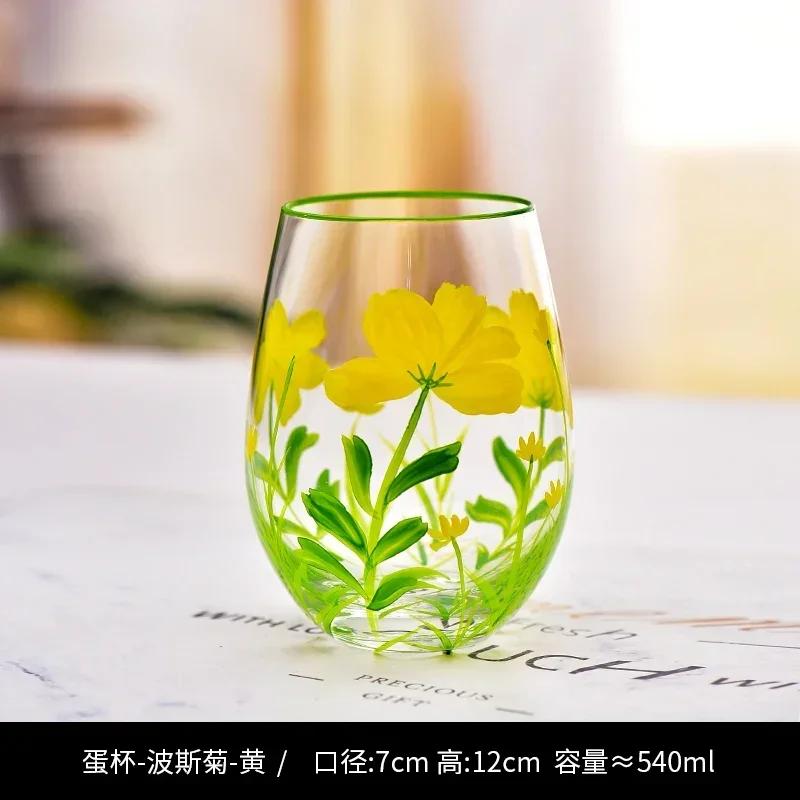 Hand Drawn Flower Patterned Crystal Glass Cup Festival Party Art High Feet Red Wine Cup Family Wine Glass Set Of Three Pieces