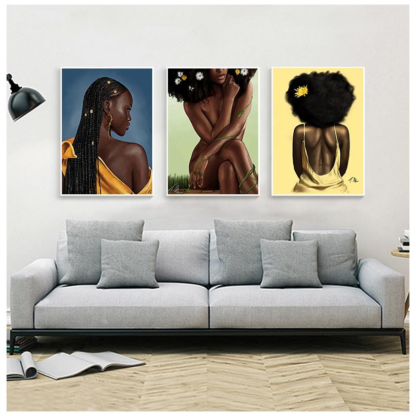 African Art Black Girl Woman Portrait Painting On Canvas Cuadros Poster and Print Scandinavian Wall Art Picture for Living Room