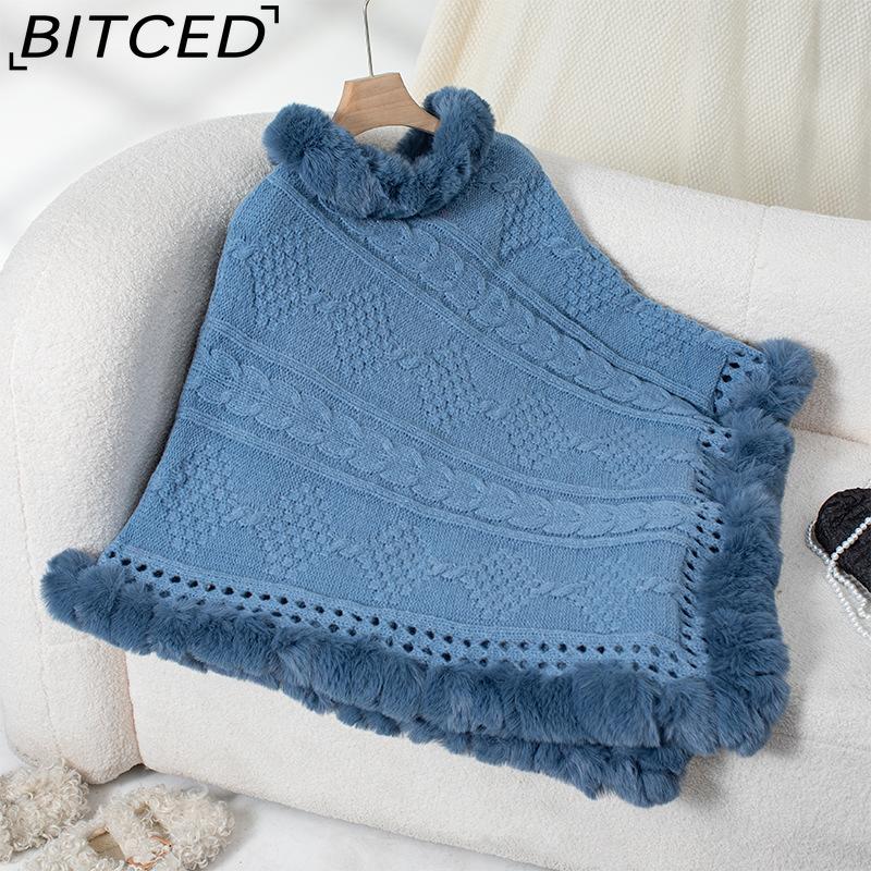 BITCED Oversized Fall/Winter Warm Faux Rabbit Fur Collar Cape Chunky Cable Knit Sweater Jacket