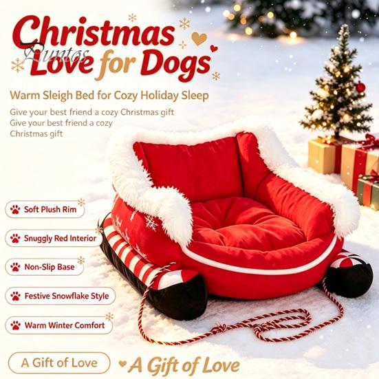 Plush Puppy Bed for Indoor Use Christmas Sleigh Dog with Non Slip Base, Calming Pet Sofa Durable Cats Outdoor, Fun House Puppies Pressure Relief