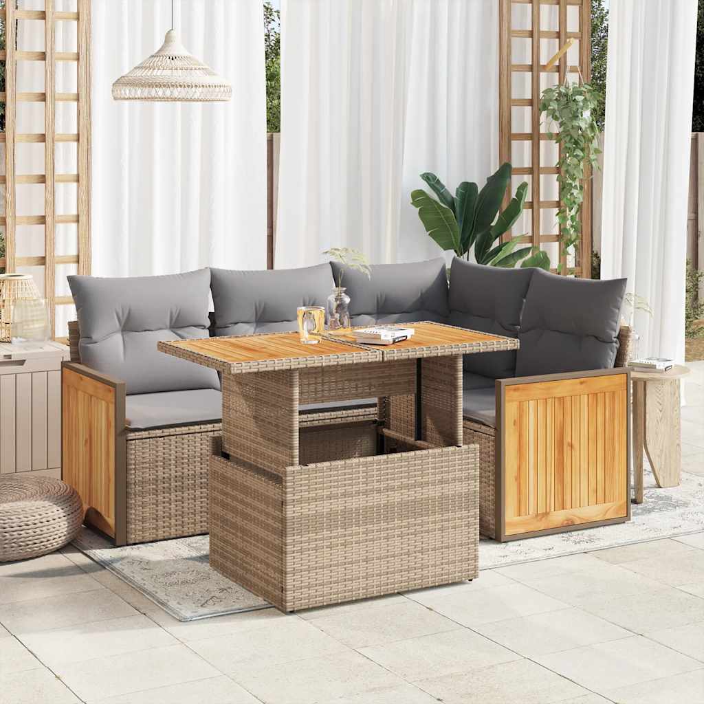 5 Piece Garden Sofa Set with Cushions Beige Poly Rattan & Acacia