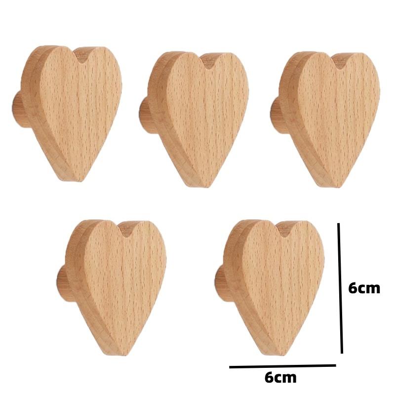 

5Pcs Heart Shaped Cabinet Pulls, Wooden Wall Mounted Hooks for Keys Towels Clothes Bags, Wardrobe Drawer Handles