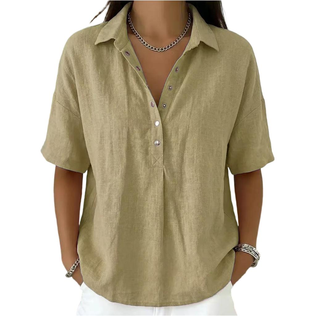 Women's Fashionable Loose-Fit Short-Sleeve Casual Shirt With Half-Zip