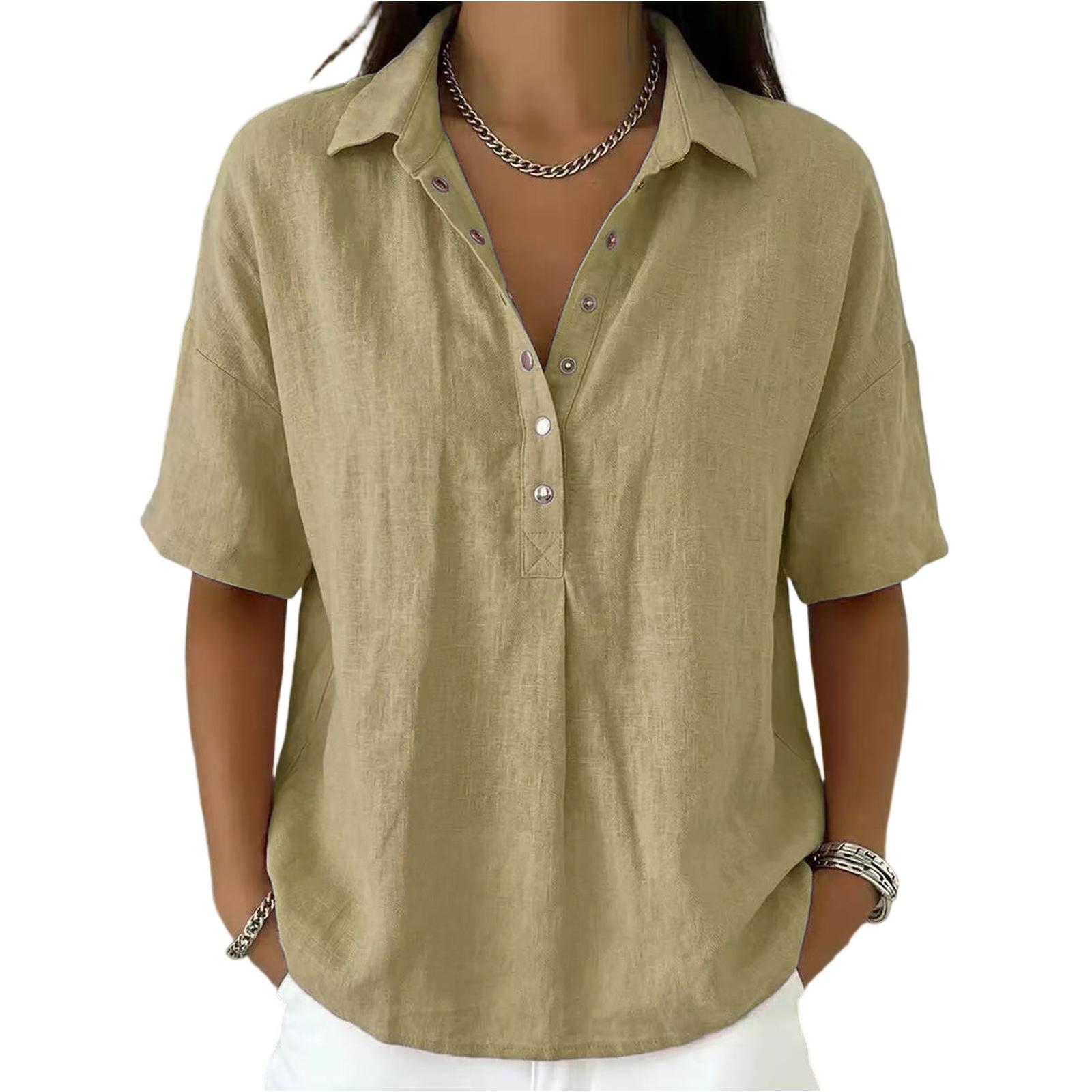 Women s Fashionable Loose-Fit Short-Sleeve Casual Shirt With Half-Zip L хаки