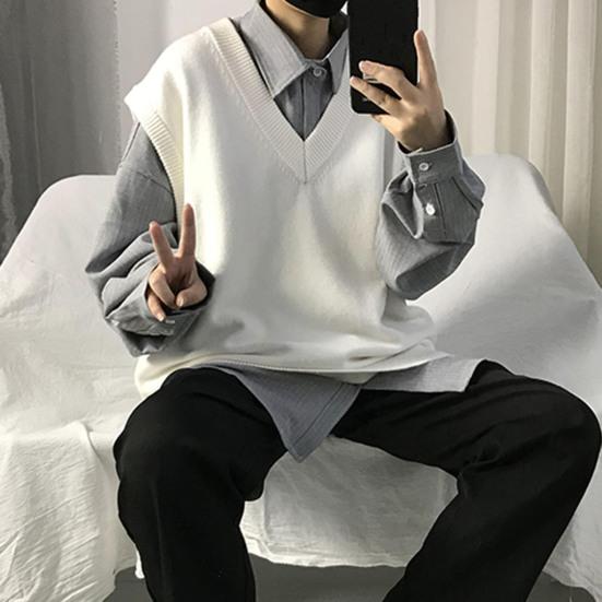 Men Sweater V Neck Solid Color Sleeveless All Match Spring Sweater for School