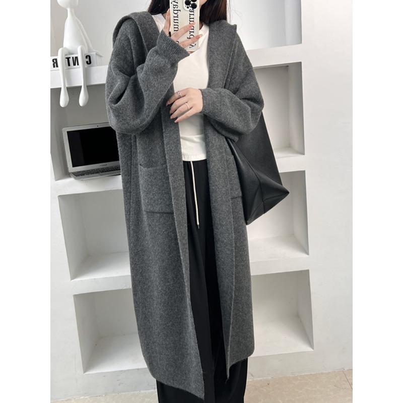 Premium long hooded knitted cardigan autumn and winter thickened lazy wind soft waxy big sweater jacket women