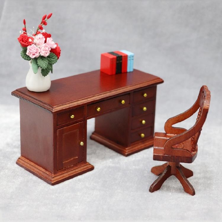 Realistic Miniature Wooden Office Desk With Chair 1/12 Scale Historical Study Room Addition For Models
