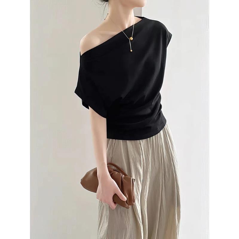 Korean Elegant Summer Off Shoulder Top Women One Shoulder Loose Casual Short Sleeve T Shirt Fashion Basic Blouse Lady Spring Sum