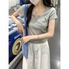 Summer new Korean version bm slim-fit half-open V-neck versatile embroidered design sense pure cotton short-sleeved T-shirt top women