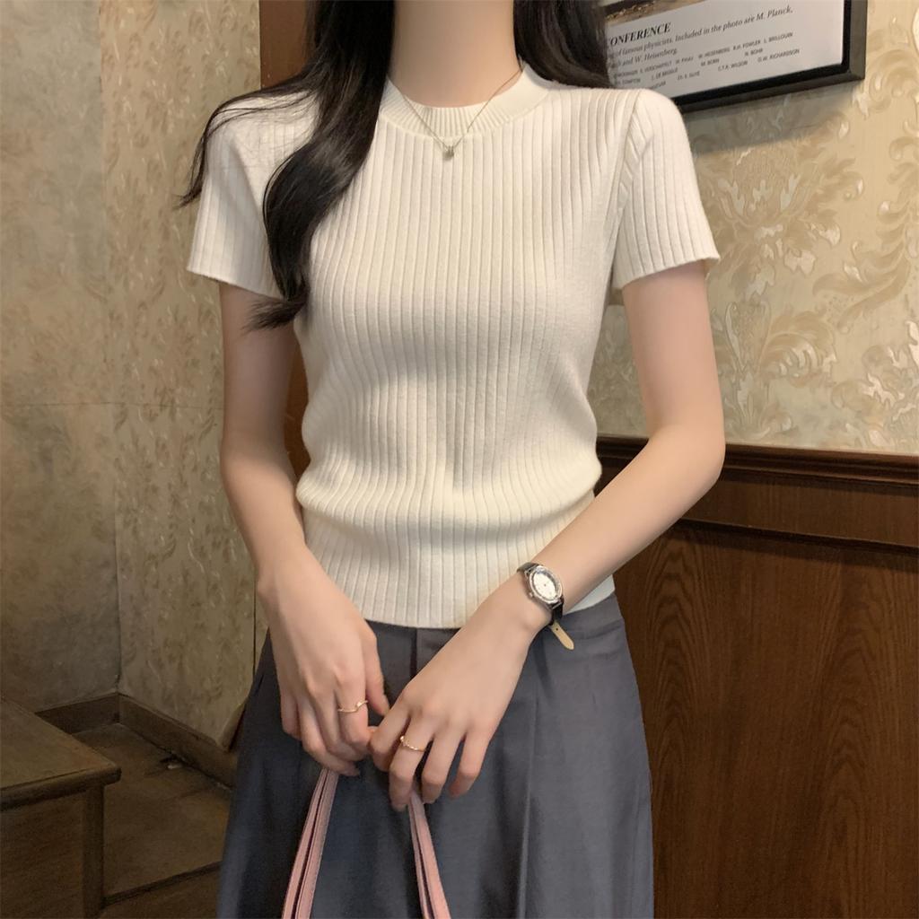 High-end Korean Pit Strip Short-sleeved Women's Spring and Summer Fashionable Solid Color Simple Foreign Style Thin Knitted T-shirt Top