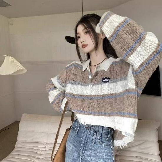 

Women s Striped Distressed Knit Sweater - Autumn/Winter Loose Fit L (Recommended 57.5-65 kg) хаки