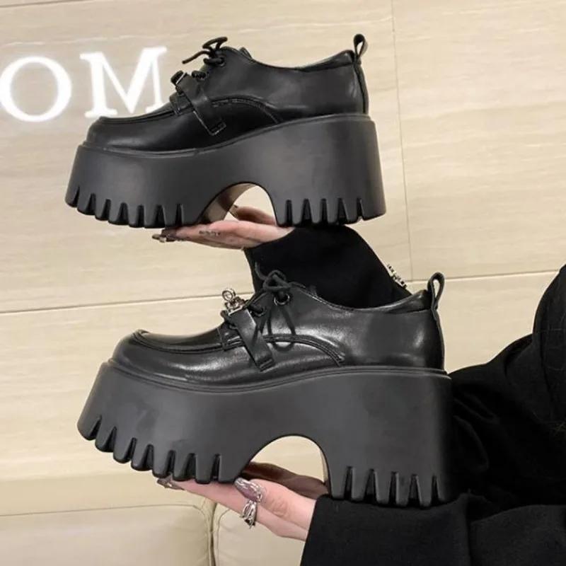 Fashion 8CM Lolita Shoes Women Mary Jane Lace Up Loafers Girls Students Uniform High Heels Platform Office Shoes Cosplay Female Shoes