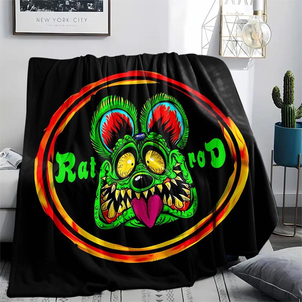 1PC Rat Fink Print Flannel Blanket, High Quality All Seasons, Home Decor, Warmth and Comfort, Perfect for Christmas Gifts
