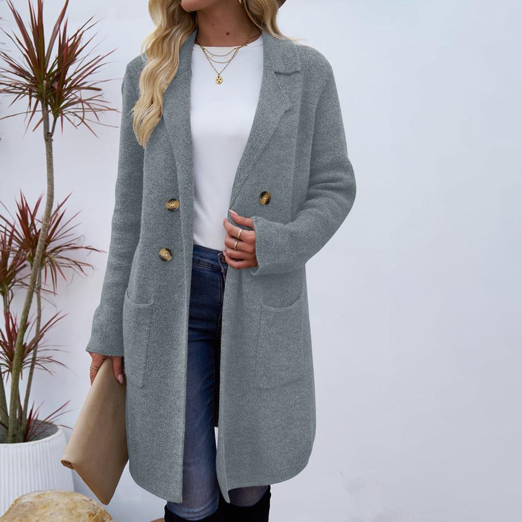 Women's Lapel Long Sleeve Mid-Length Woolen Coat Loose Fit Casual Fall Winter Blazer Jacket