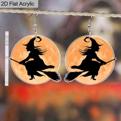 2D Flat Acrylic Halloween Witch Riding Broom Pendant Earrings, Suitable As A Holiday Gift for Women, Holiday Party Decoration Jewelry.