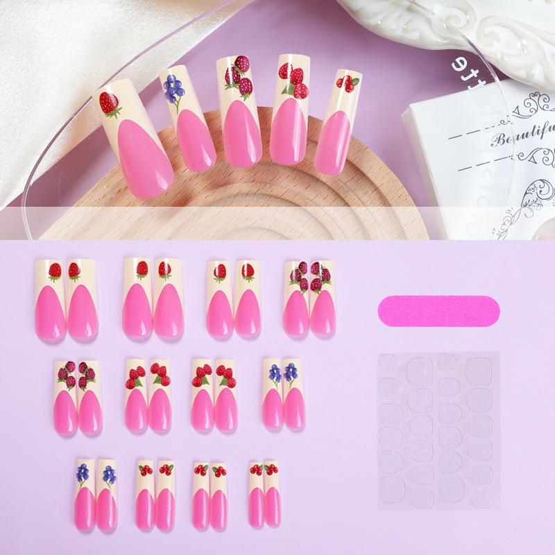

Hot-Selling Handmade Press-On Nails - Long French Tip with Fruit Print Pattern, High-Quality