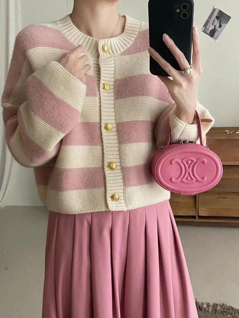2025 Autumn/Winter Women's Striped Color Block Knit Cardigan - Round Neck, Casual, Versatile Sweater