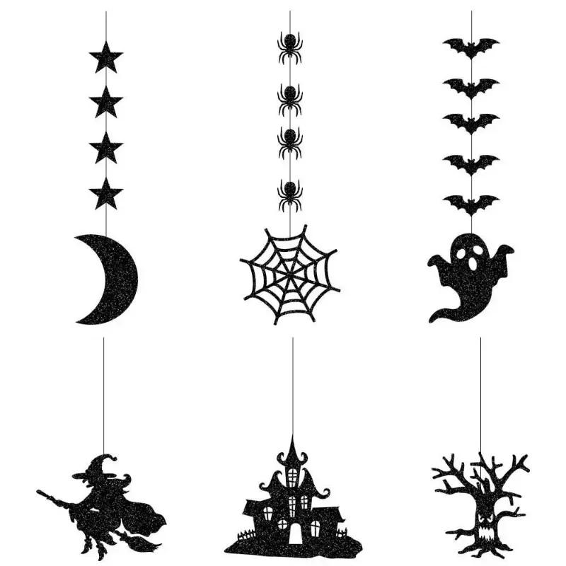 6 Pcs Halloween Hanging Banners Garland Scary Spider Witch Ghost Bat Pendant Ornament Happy Halloween Party Decorations For Home