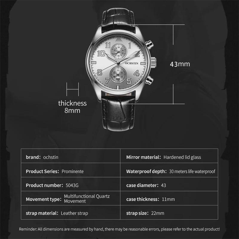 Quartz Chronograph Watch Luminous Waterproof Wrist Watch Leather Strap Date Function Pilot Style