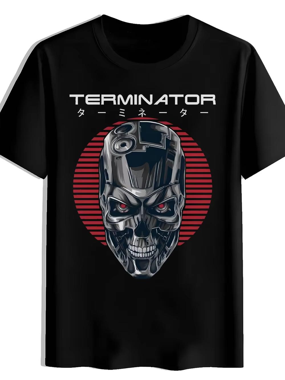 

Men S Graphic T-Shirt Featuring A Terminator Design with Red Glowing Eyes and A Metallic Skull Perfect for Casual Summer - Me... S разноцветный