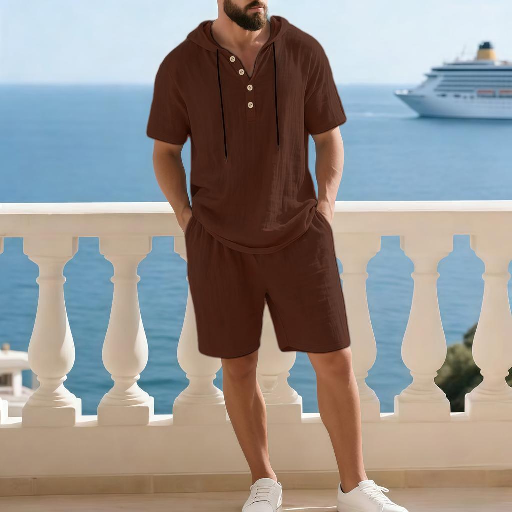Set Casual Due Pezzi da Uomo a Manica Corta con Cappuccio e Pantaloncini a Colore Solido