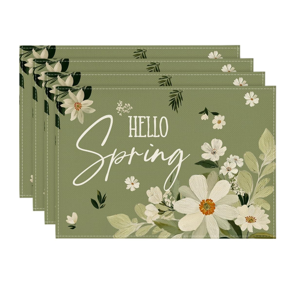 

Olive Green Hello Spring Daisy Flowers Spring Placemats Set of 4, 12x18 Inch Seasonal Holiday Table Mats for Party Kitchen Dining Decoration 12 x 18 , Rectangular 4 Pcs