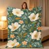 Fresh Botanical Print Throw Blanket Teal?Base White Peach Wild Flower Leaf Branch Pattern Soft Warm Sofa Bed Blanket All Season