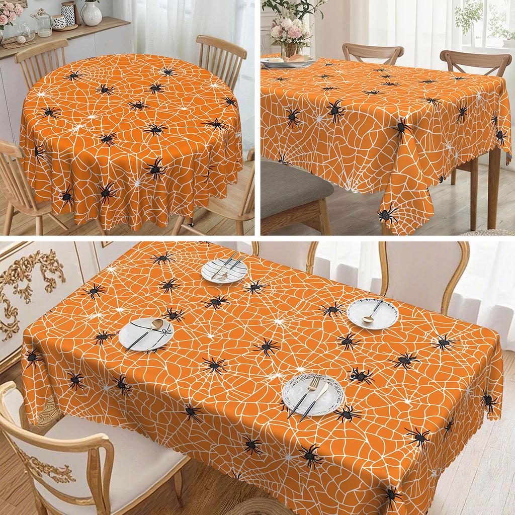 1 Piece Of Halloween Spider Web Round Table Cloth - Bright Orange With Black Spiders And Webs For Halloween Decorations