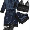 European Luxury V-Neck Lace Satin Pajamas & Nightgown Set - Includes Camisole & 3/4 Sleeve Robe, 4-Piece Women's Sleepwear.