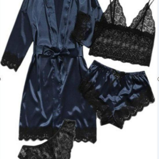 European Luxury V-Neck Lace Satin Pajamas & Nightgown Set - Includes Camisole & 3/4 Sleeve Robe, 4-Piece Women's Sleepwear.