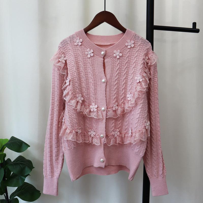 Autumn and Winter New Sweet Bead Flower Splicing Mesh Knitted Cardigan Loose Gentle Wind Sweater Jacket Women